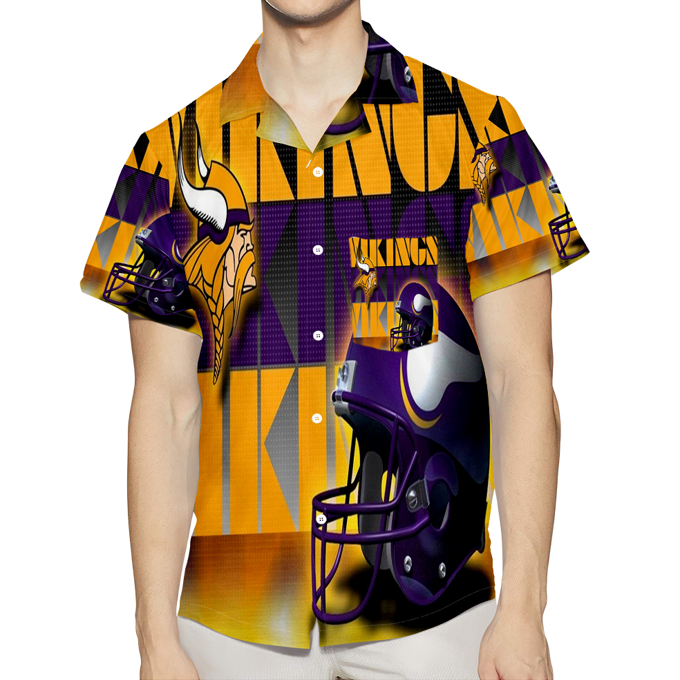 Minnesota Vikings Emblem Helmet 3D All Over Print Summer Beach Hawaiian Shirt With Pocket