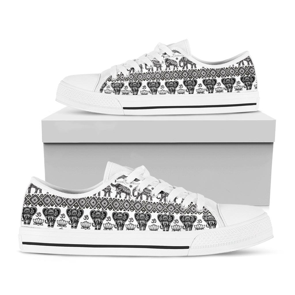 White And Black Indian Elephant Print White Low Top Shoes