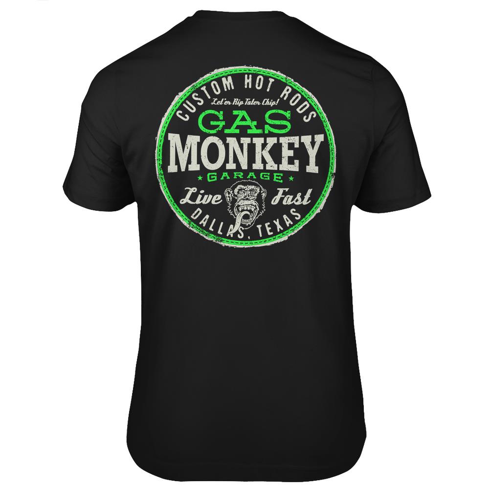 Gas Monkey Garage Live Fast Bright Green Badge Print On Back T-Shirt