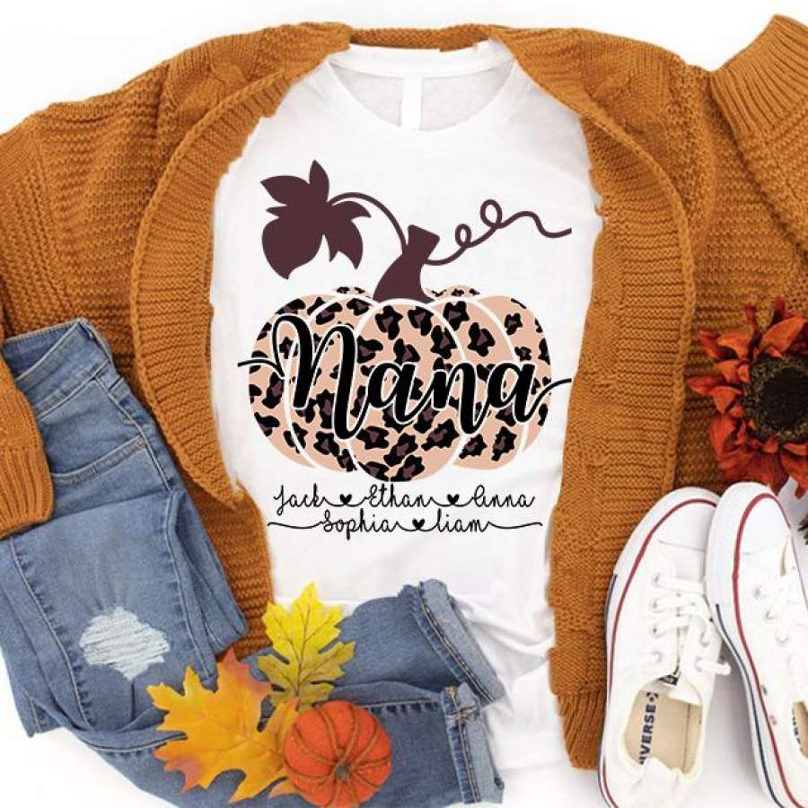 Namashops Personalized Pumpkin Nana And Kids Leopard – Custom Names Shirt