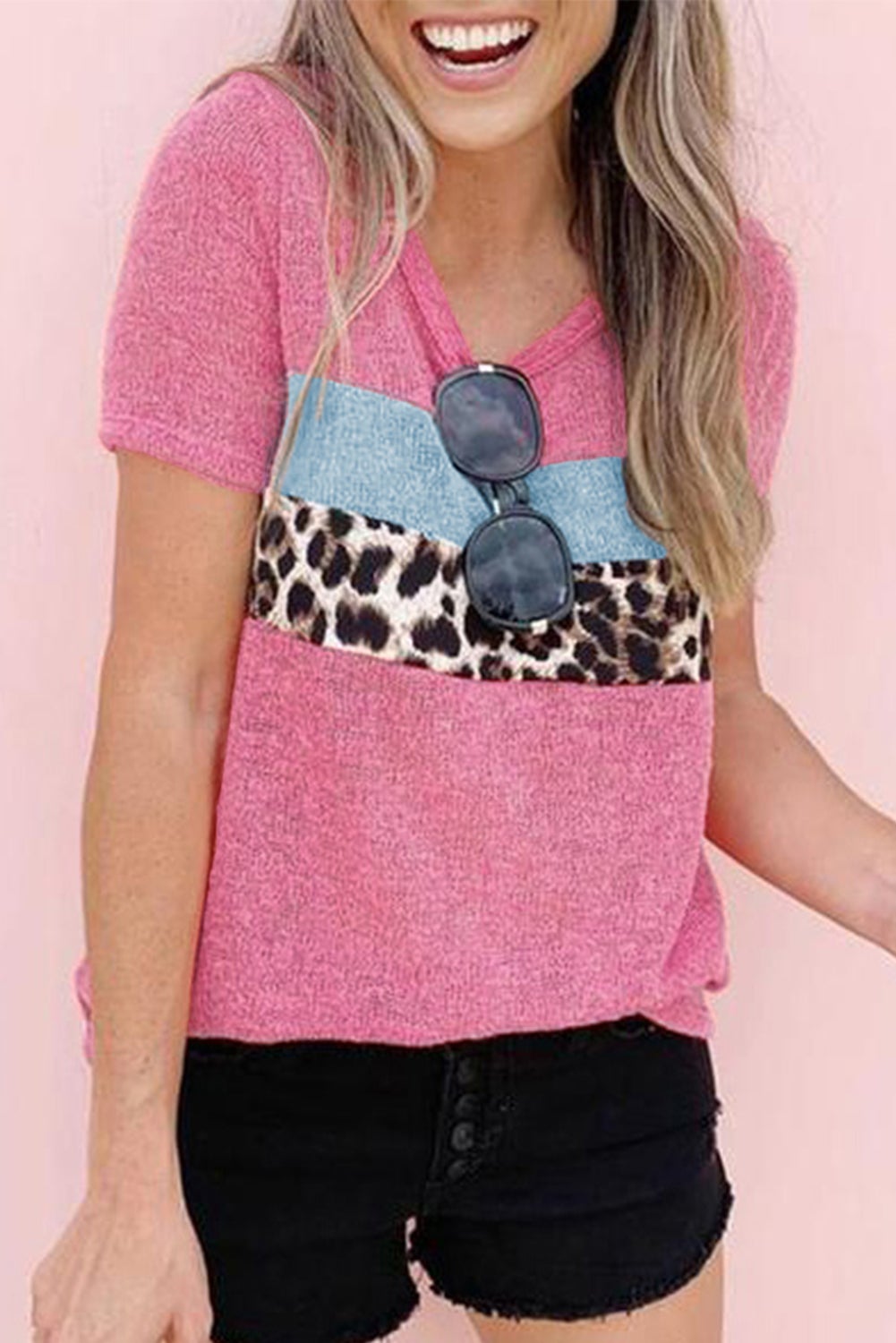 Azura Exchange Round Neck Leopard Patchwork Tee