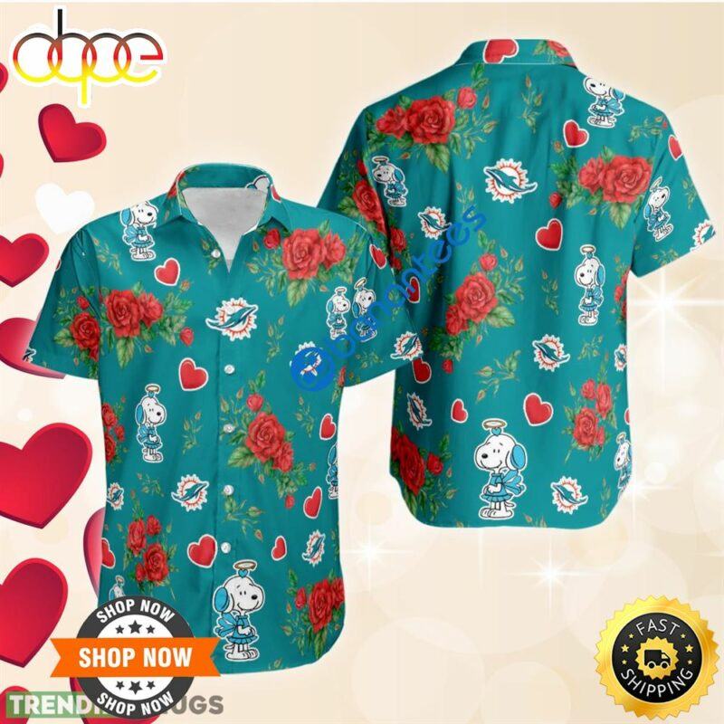 Nfl Miami Dolphins And Snoopy Girl Cute Rose Love 3D Hawaiian Shirt Gift Valentines