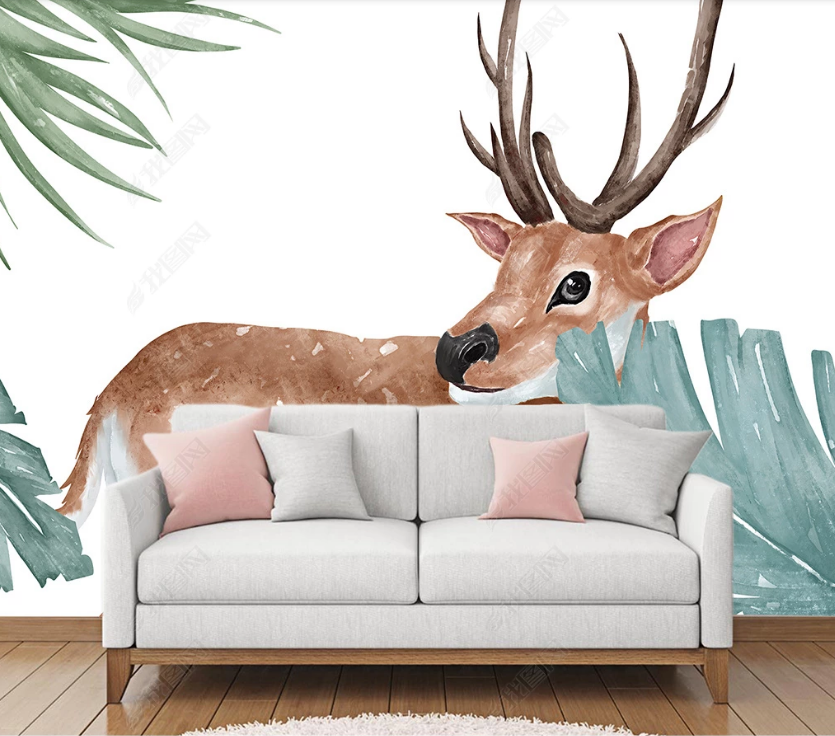 3D Green Plant Leaf Animal Sika Deer Wall Mural Wallpaper Lqh 84