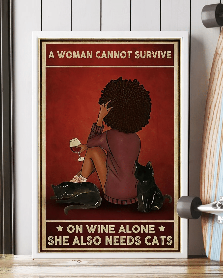 Black Cat Wine Poster Canvas – A Woman Cannot Survive On Wine Alone Vintage Home Decor Wall Art Evg81163