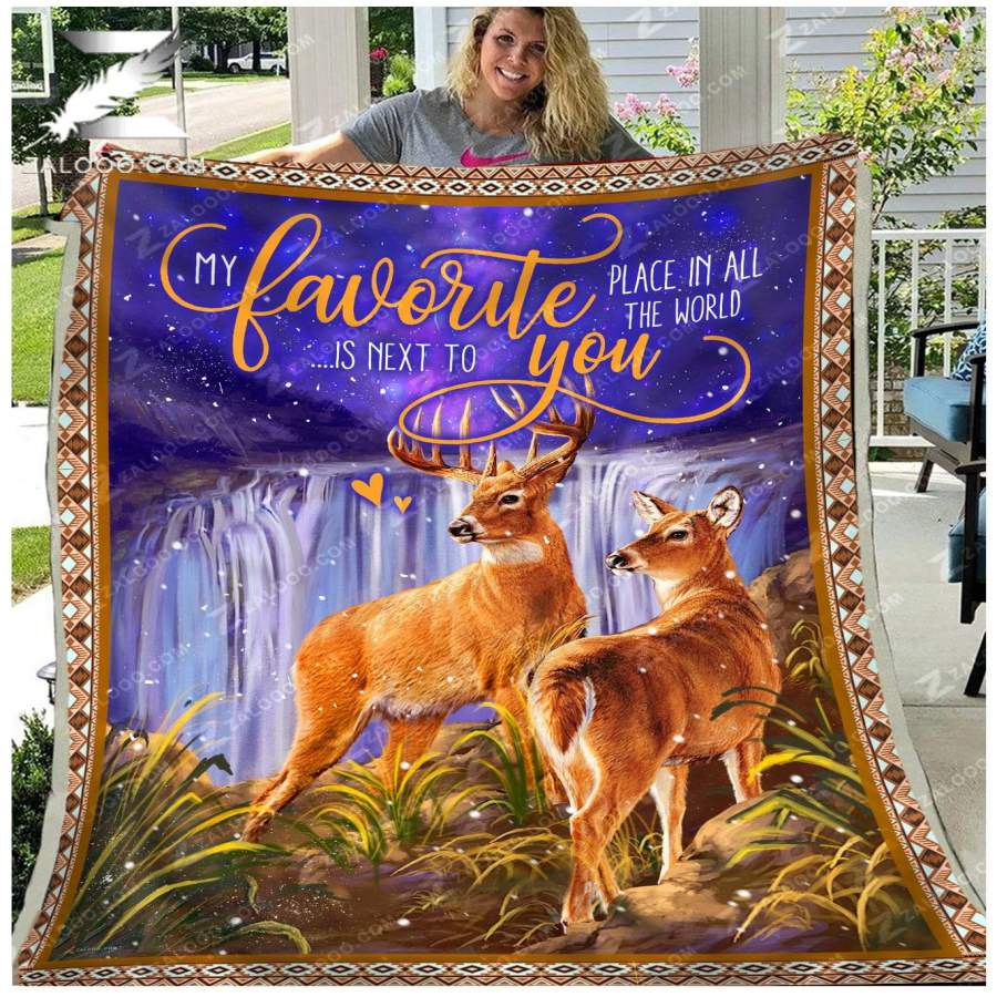 Zalooo – Custom Fleece Blanket – DEER – Wedding Anniversary – My favorite place in all the world is next to you