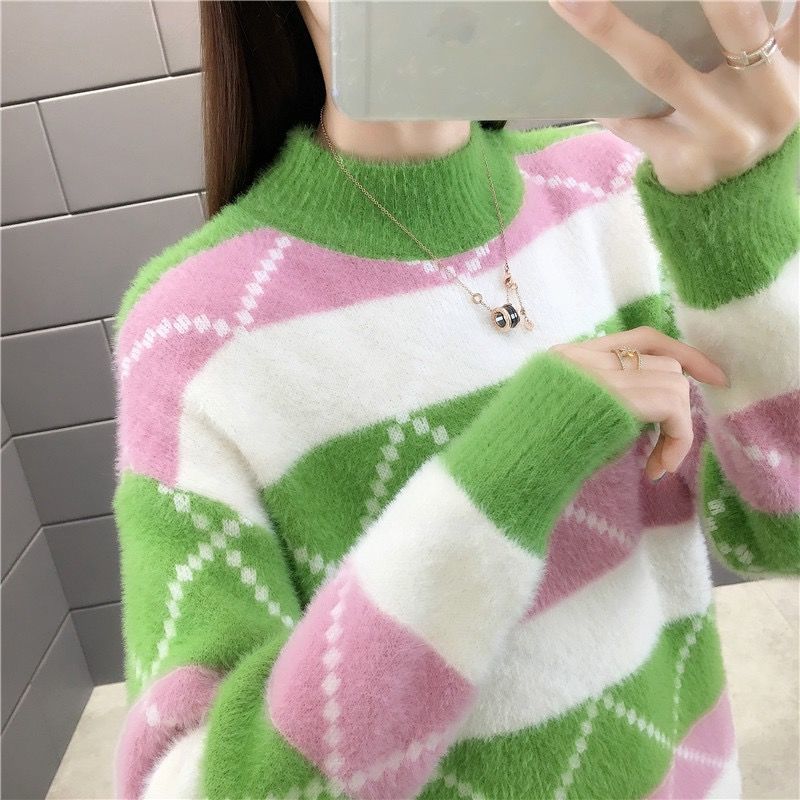 Winter Clothes Women Half High Neck Stitching Thick Knit Sweater New Loose Commuter Knit Sweater Stitches Do Not Shed Hair alx