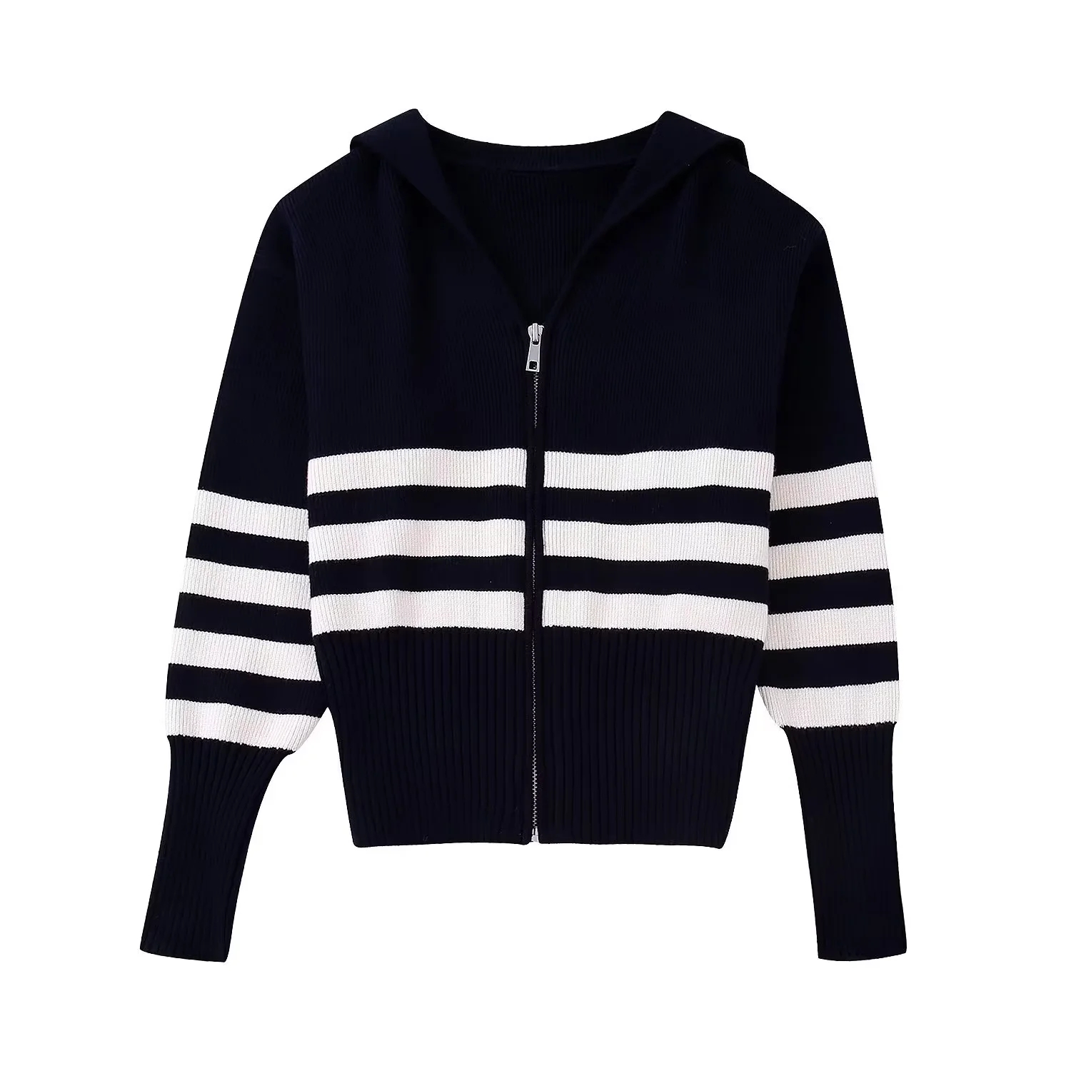 TRAF 2022 Women Fashion Zipper Striped Jacket Knitted Sweater Cardigan Coat Autumn Female Outerwear Chic Tops alx