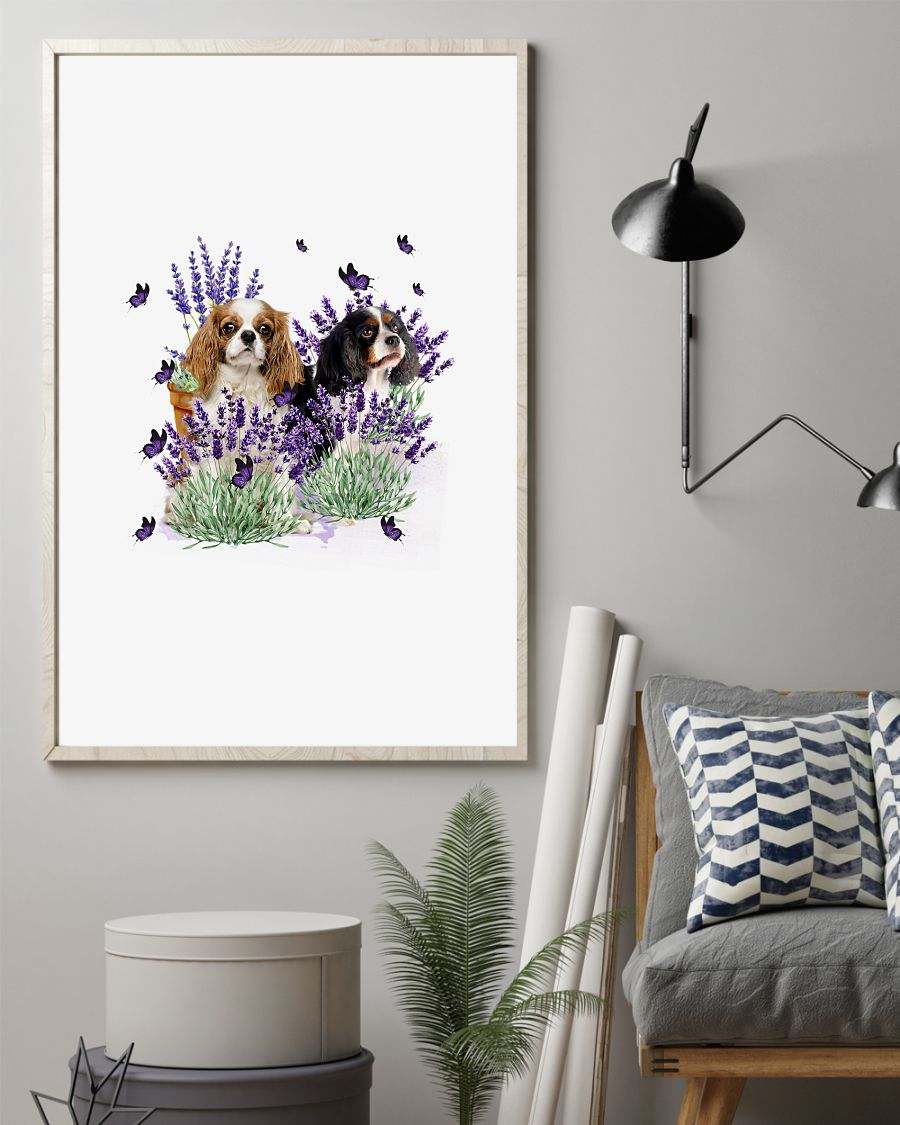 Cavalier King Spaniel with lavender flower poster