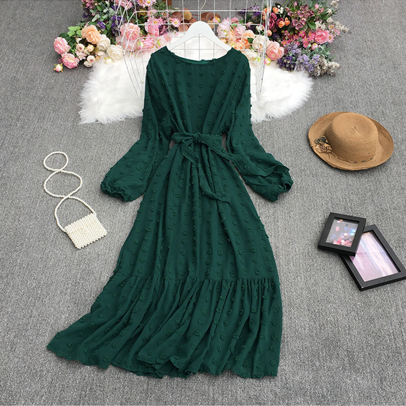 2021 Spring Summer New Korean Sweet Dress Mid-Length Waist Ruffle Fashion Long Jacquard Dress Women Beach Maxi Vestido Big dress alx