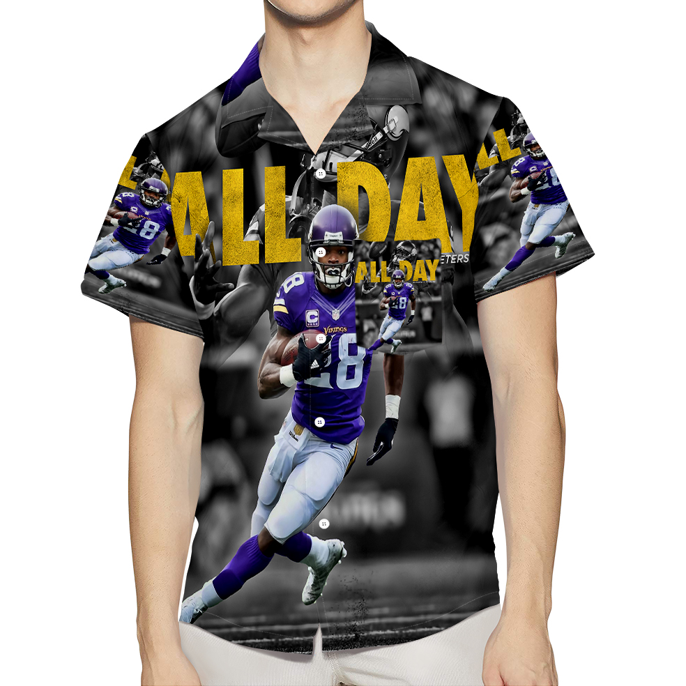 Minnesota Vikings Adrian Peterson 28 All Day 3D All Over Print Summer Beach Hawaiian Shirt With Pocket