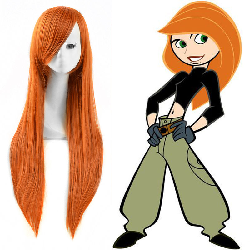 85cm Kim Possible Cosplay Wigs Orange Straight Long Synthetic Full Bangs Anime Costume Wigs + Wig Cap alx