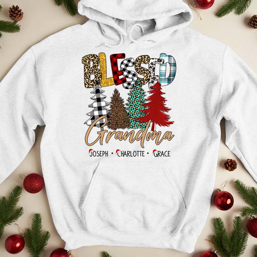 Lovelypod - Hoodie Shirt, Blessed Grandma Shirt, Custom Grandma Gift Shirt, Christmas Tree Cheetah Shirt