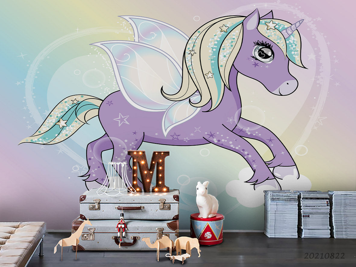 3D Cartoon Animal Unicorn Purple Wall Mural Wallpaper Lqh 424