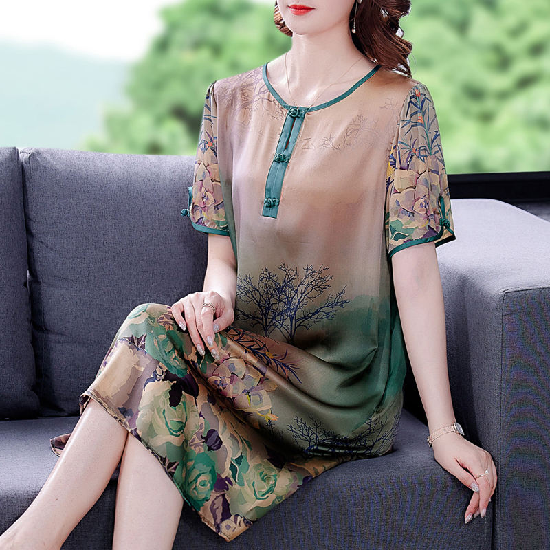 2022 Summer New Women’s fashion printing temperament round collar loose slimming mid length silk dress alx