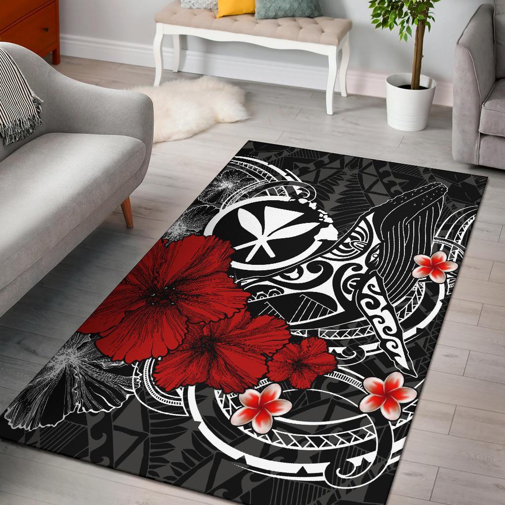 Pacific Hawaii  Kanaka Maoli Area Rug – Humpback Whale with Hibiscus (White) – BN15