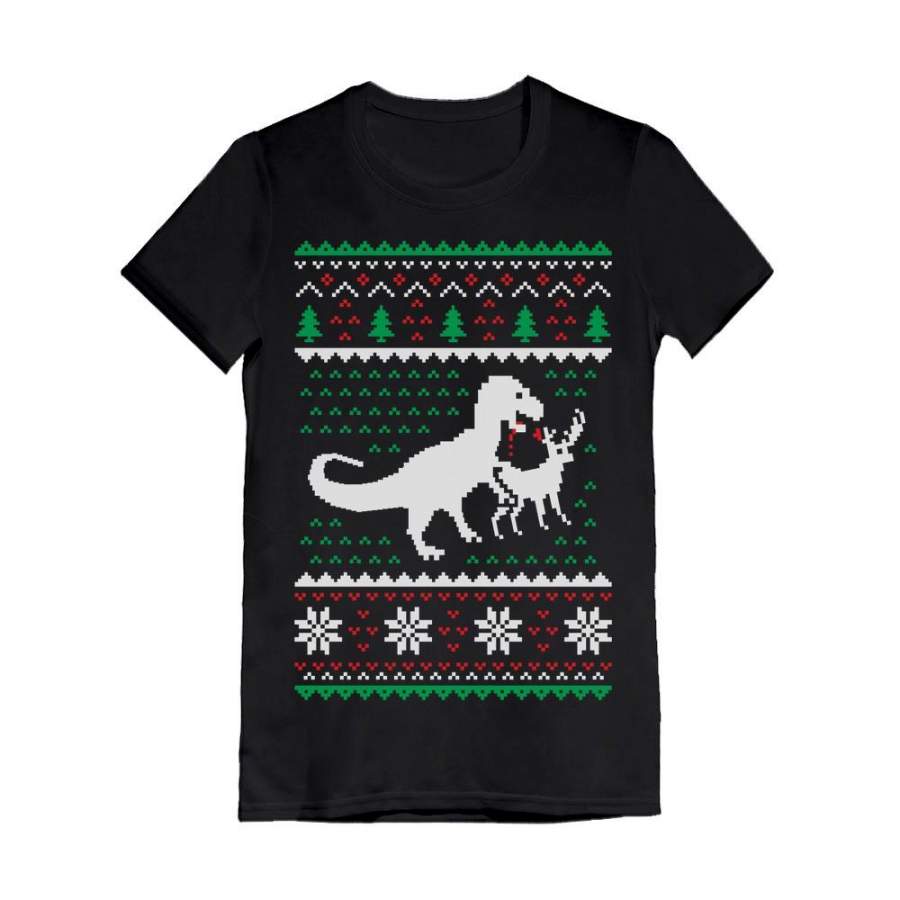 Ugly Christmas Sweater T-Rex VS Reindeer Funny Gift Toddler Kids Girls’ Fitted T-Shirt