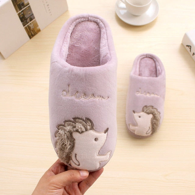 Women Fluffy Slippers Soft Plush Home Cotton Fur Slides Cartoon Hedgehog Winter Warm Shoes Men Lover Couple House Floor Footwear