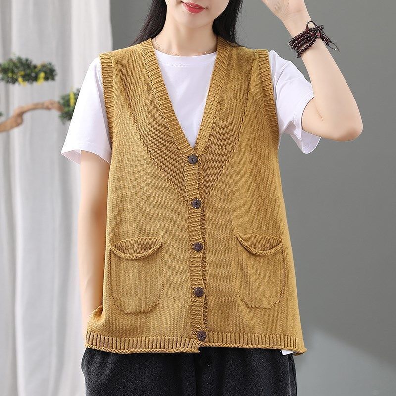 Sweater Vest Women 3XL Button Up Pockets Mujer Sleeveless Knitted Tops V-neck Leisure Korean Style Retro Y2k Ulzzang Clothing alx