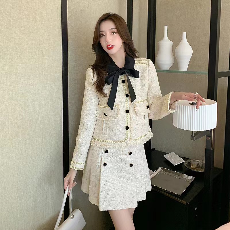 Tweed 2 Piece Set Women Outfits Fashion Long Sleeve Single Breasted Jacket Coat + High Waist Pleated Skirt Small Fragrance Suits alx