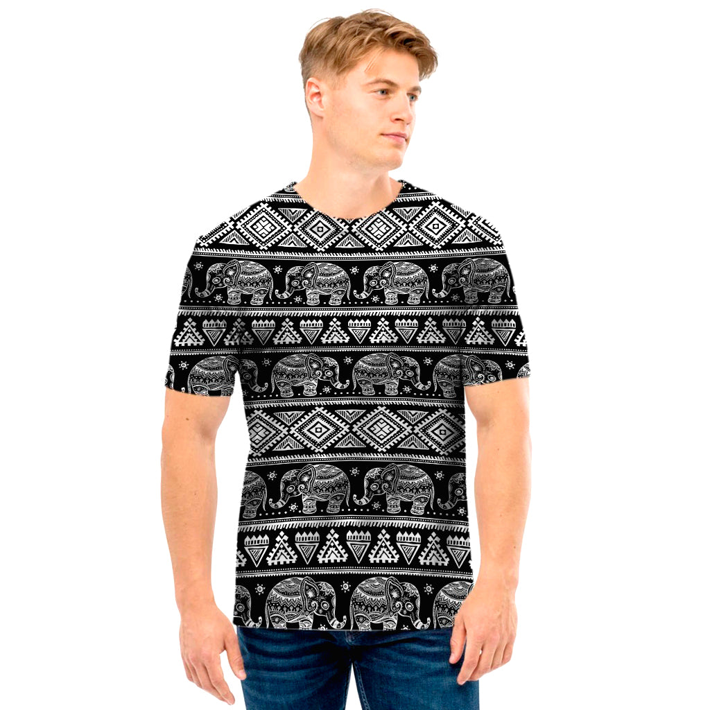 Black And White Indian Elephant Print Men’S T-Shirt