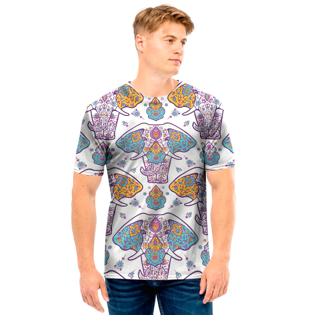 Indian Flower Elephant Pattern Print Men’S T-Shirt