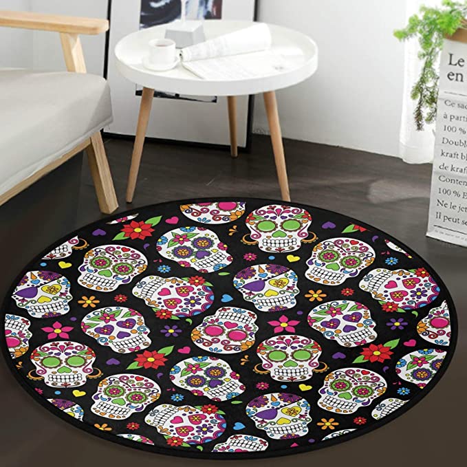 Sugar Skull Area Rugs Tropical Daisy Rose Spring Flowers Round Doormat Non Slip Absorbent Floor Mat Carpet Yoga Rug For Entryway Bedroom Living Room Home Decor