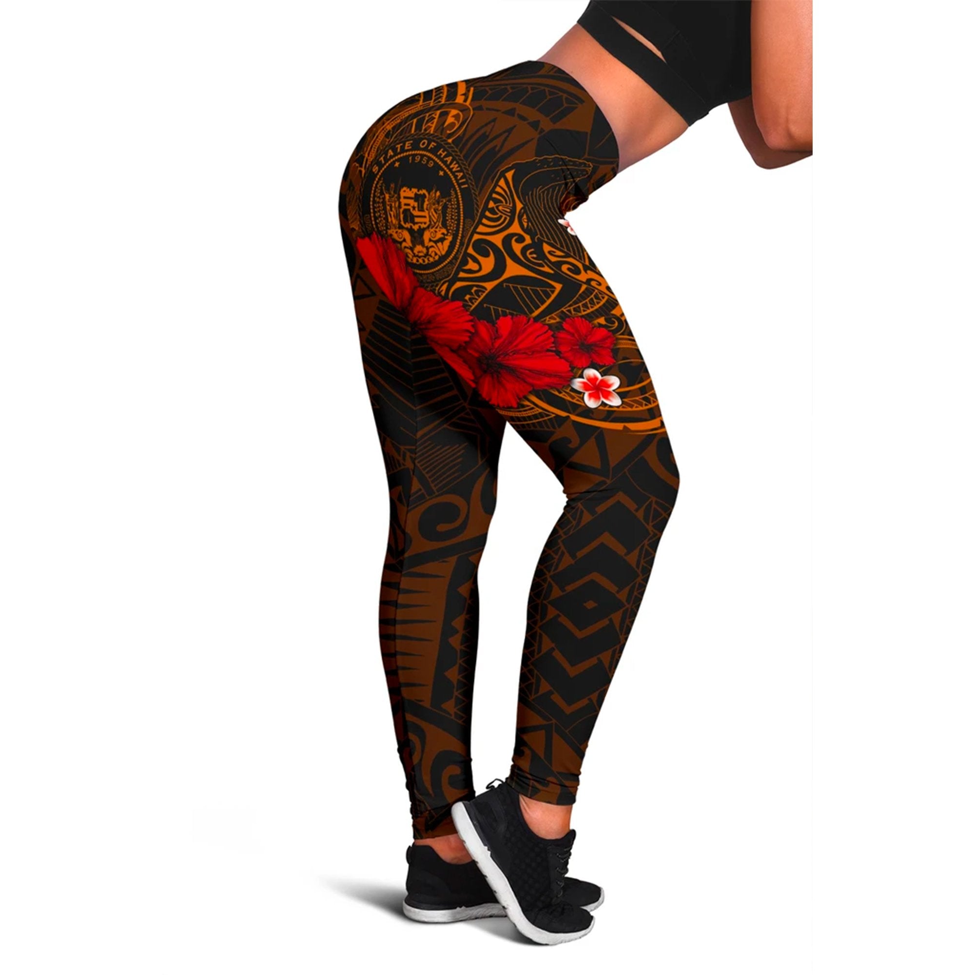 Polynesian Hawaii Leggings – Humpback Whale With Hibiscus (Golden)