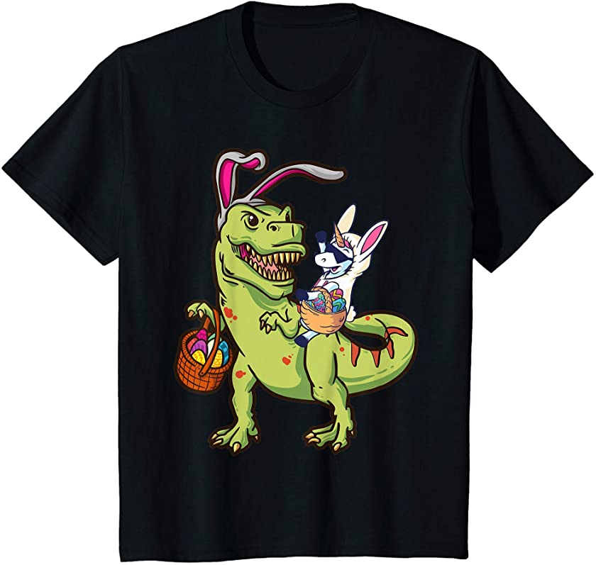 Kids Unicorn Riding T rex Dinosaur Easter Bunny Basket Boys Girls T-Shirt