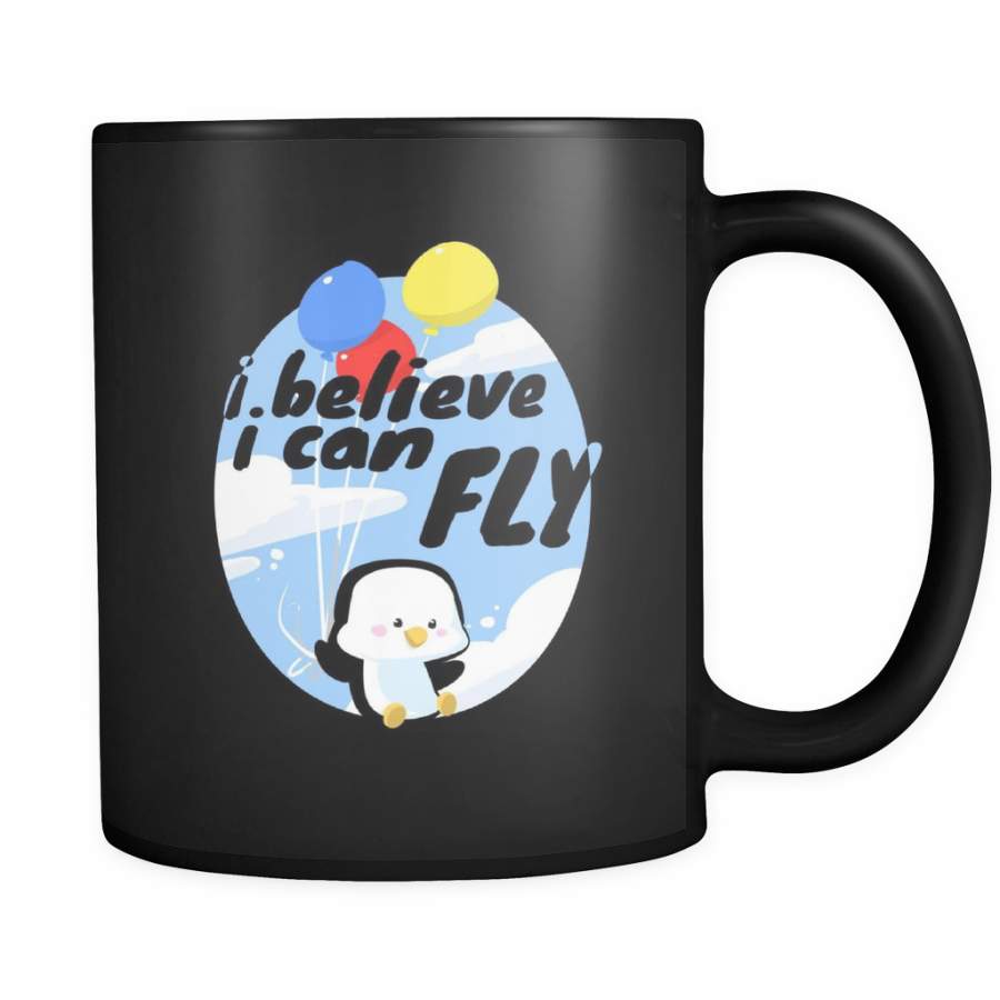 I Believe I can Fly Funny Penguin Balloon Black 11oz mug