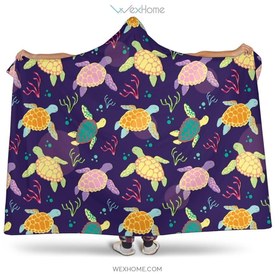 Colorful Sea Turtle Pattern Hooded Blanket