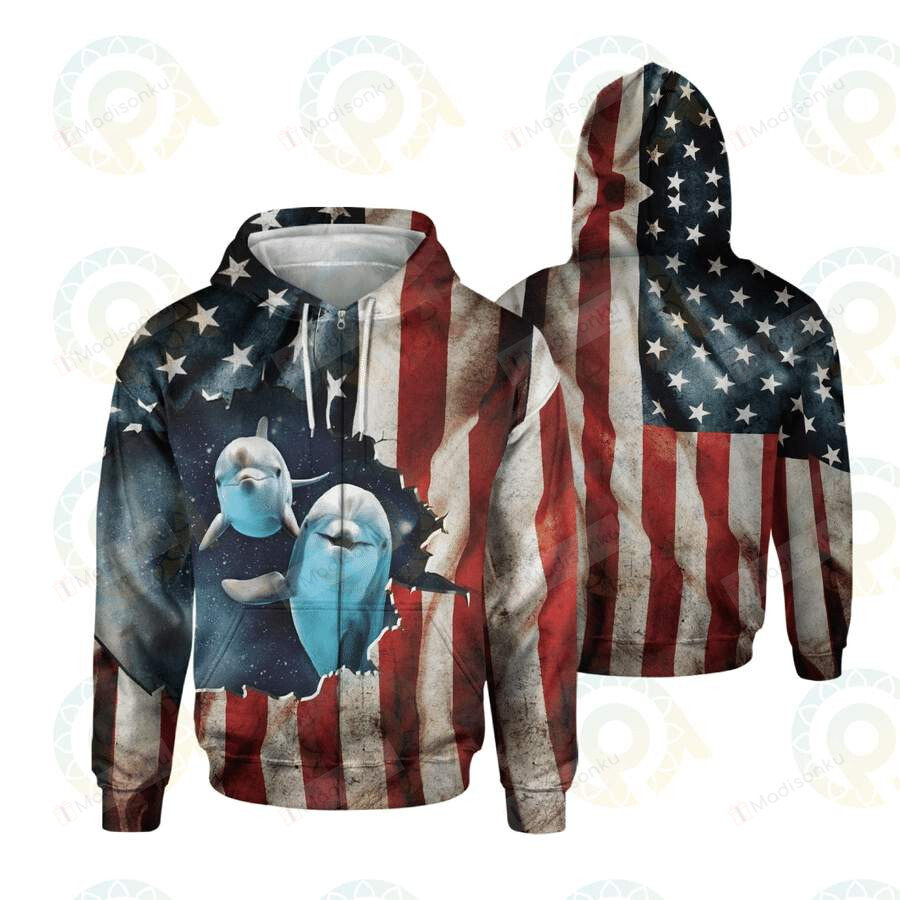 Dolphin U.S Flag 3D All Print Hoodie, Zip- Up Hoodie