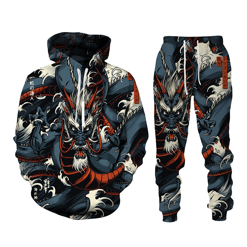 Autumn Winter 3D Oriental Dragon God Printed Men’s Hooded Sweater Set Male Sportswear Tracksuit Long Sleeve Men Clothing Suit alx