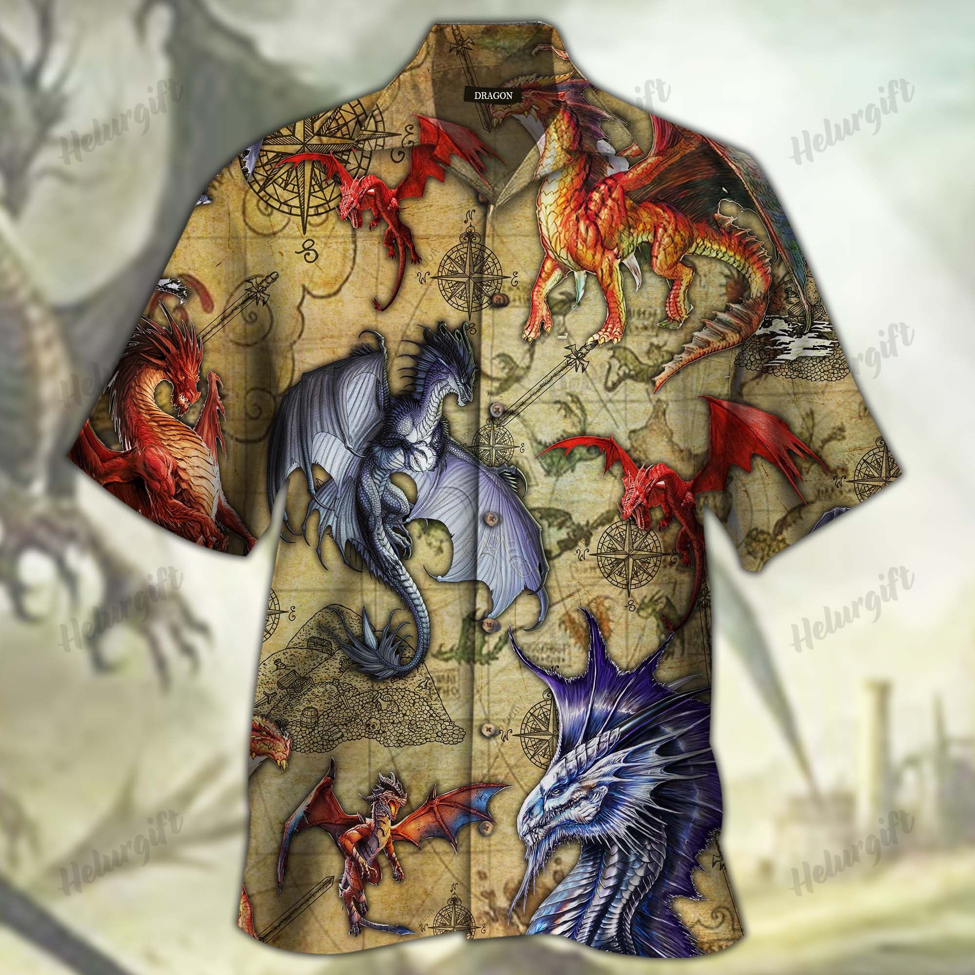 Dragon Red Blue Purple Vintage Hawaiian Aloha Short Sleeve Shirt Ha84852