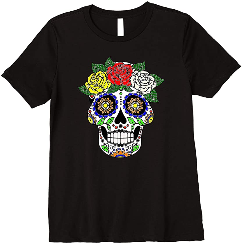 Womens Mexican Day Of The Dead Floral Sugar Skull Dia Delos Muertos Premium T-Shirt