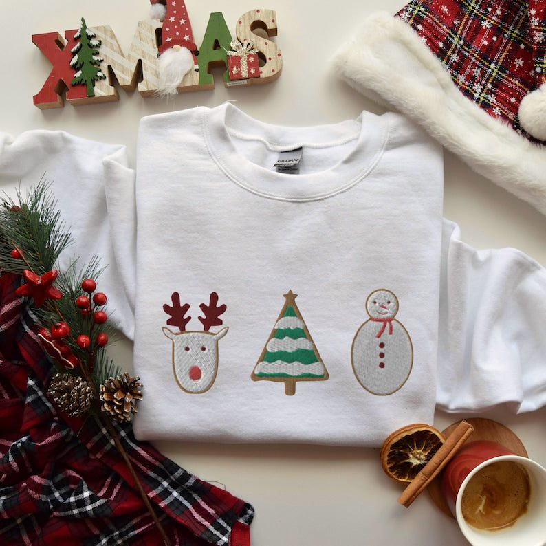 Cookie Reindeer Tree And Snowman Christmas Embroidered Sweatshirt