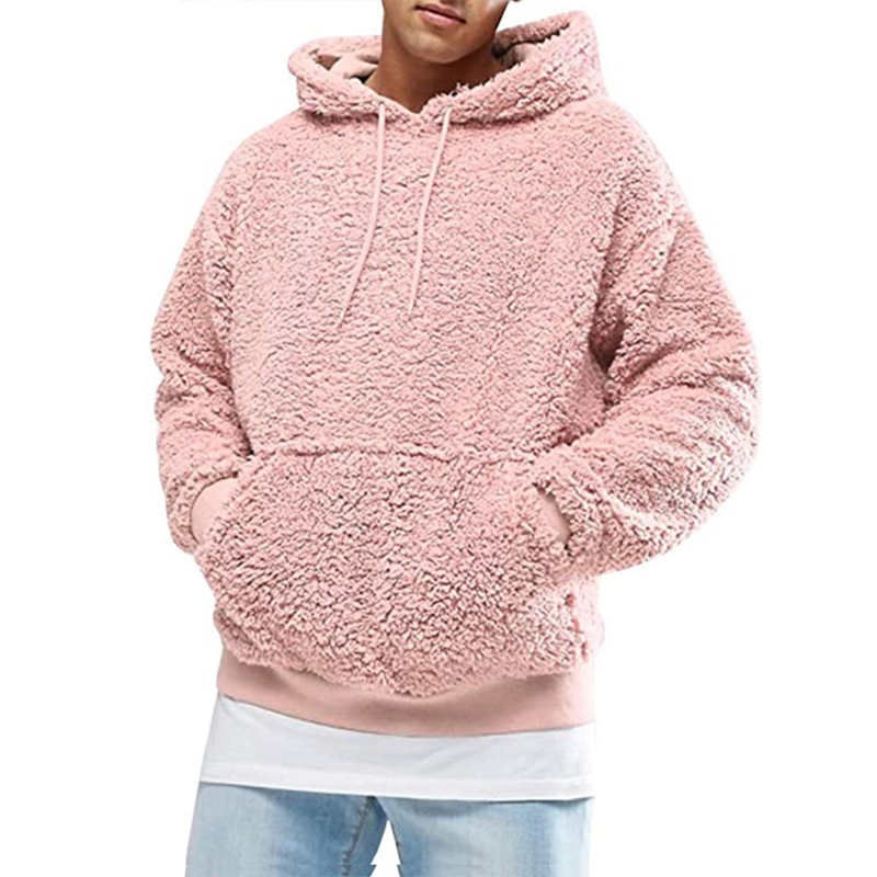 U90E Men Boys Winter Thicken Plush Long Sleeve Sweatshirt Pullover Drawstring Hoodie Tops with Pocket Fluffy Kangaroo Outwear alx