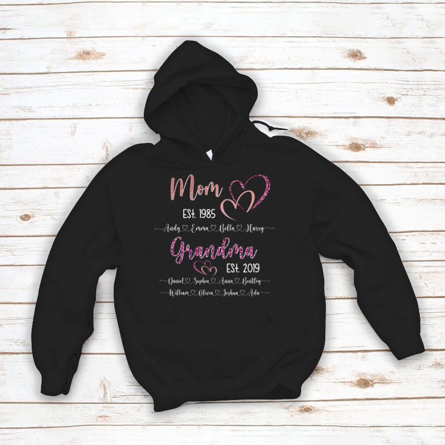 Mom Est Grandma Est And Kid Names Heart Leopard Hoodie