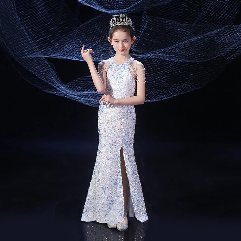 White Girl Ceremonial Dress Layer Sequined Little Girl Wedding Dress Full Length Princess Ball Gowns Dress For Teenager 3-14Y alx