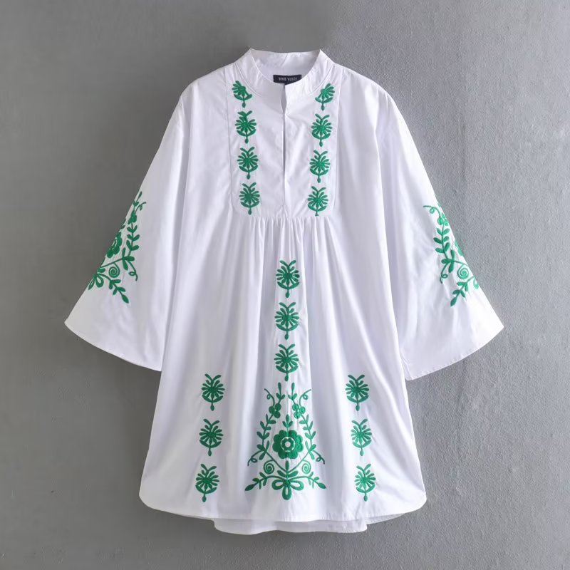 2022 Summer Blouse Mini Dress Vintage Floral Embroidery Loose Fashion Cotton Dress O Neck A Line Street Women Elegant Vestidos alx