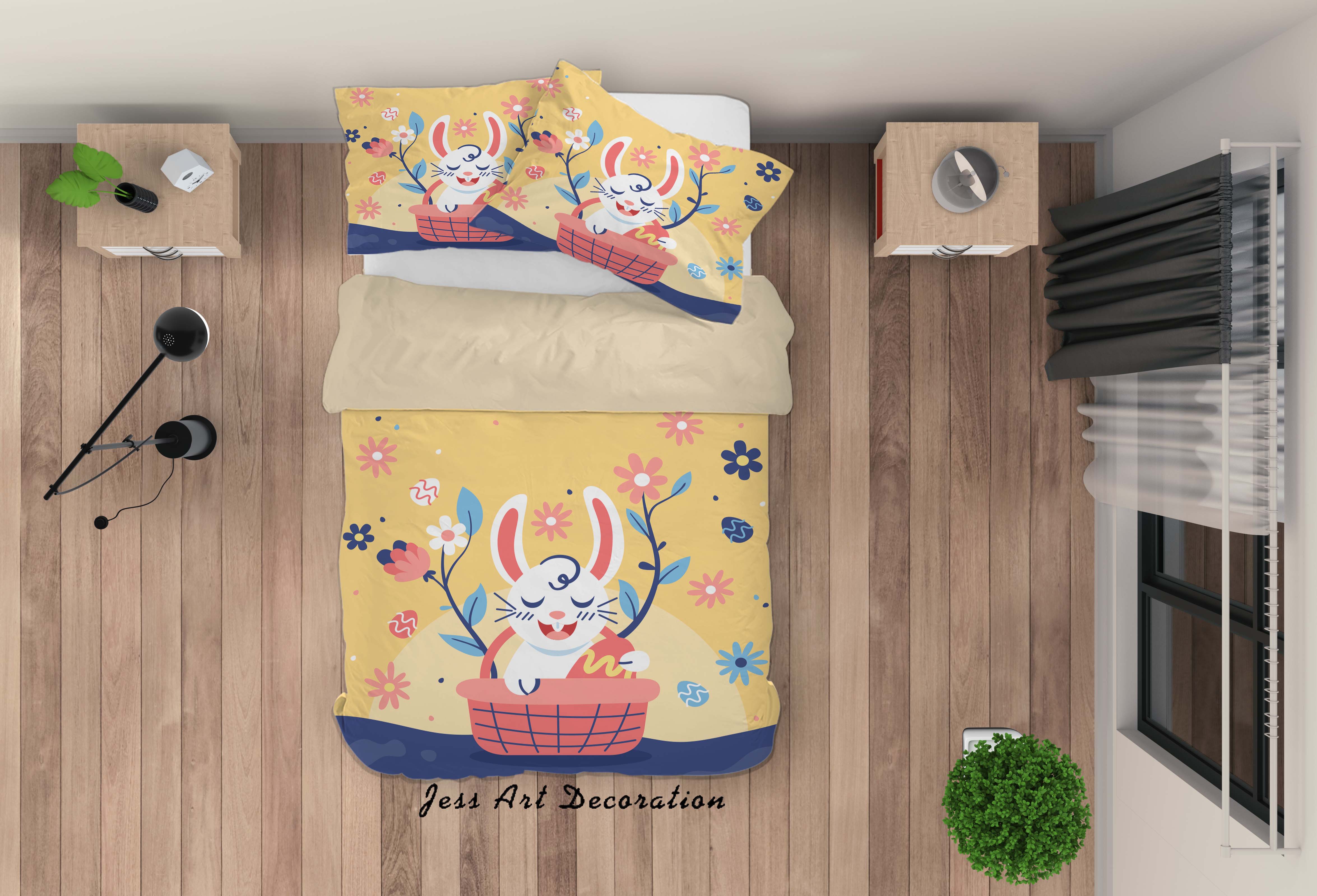 3D Yellow Basket Rabbit Floral Quilt Cover Set Bedding Set Duvet Cover Pillowcases Sf04