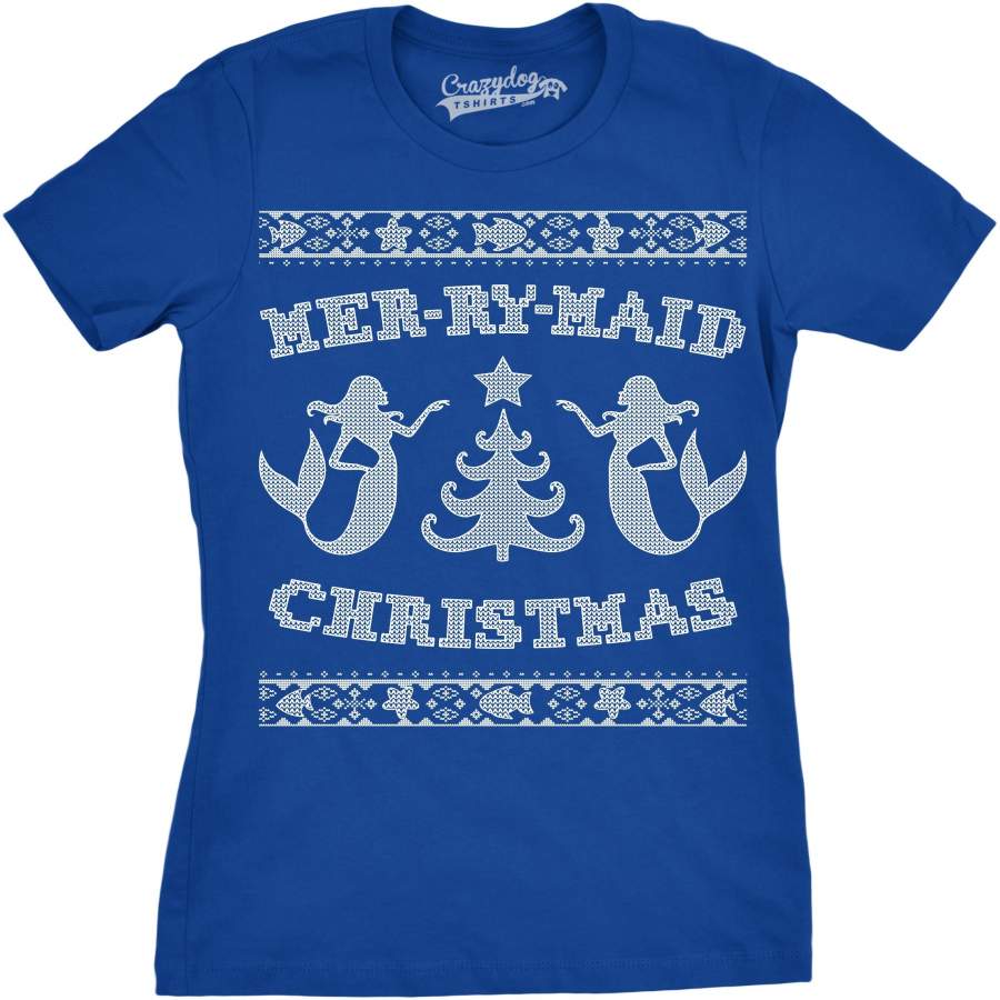 Womens Mer-Ry-Maid Christmas Funny Mermaid Holiday Ugly Sweater T Shirt