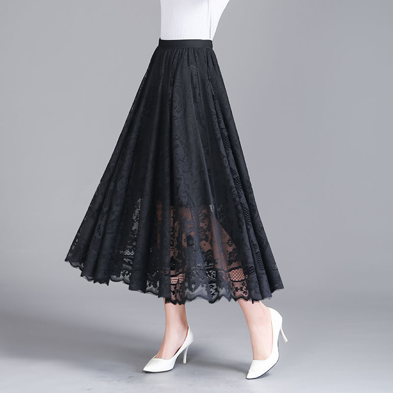 Vintage Elegant Hook Flower Hollow Lace Skirt 2022 Summer New Office Lady Commuter All-match High Waist A-Line Midi Women Skirts alx