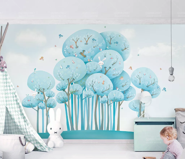 3D Blue Forest Rabbit Cartoon Child Wall Mural Wallpaper 671