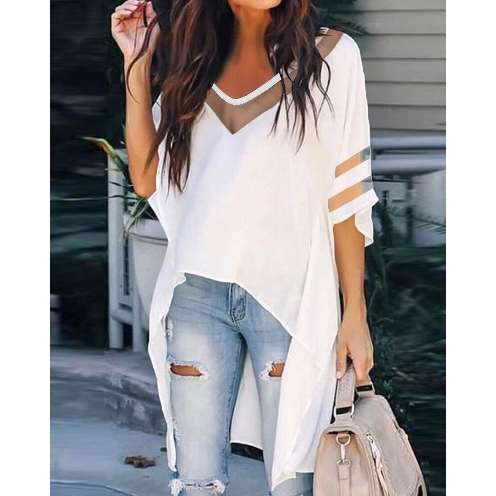 2022 Summer V Neck Contrast Mesh Batwing Sleeve Asymmetrical High Low Hem Top Women Casual Daily Solid Long Tunics Sexy Blouse alx