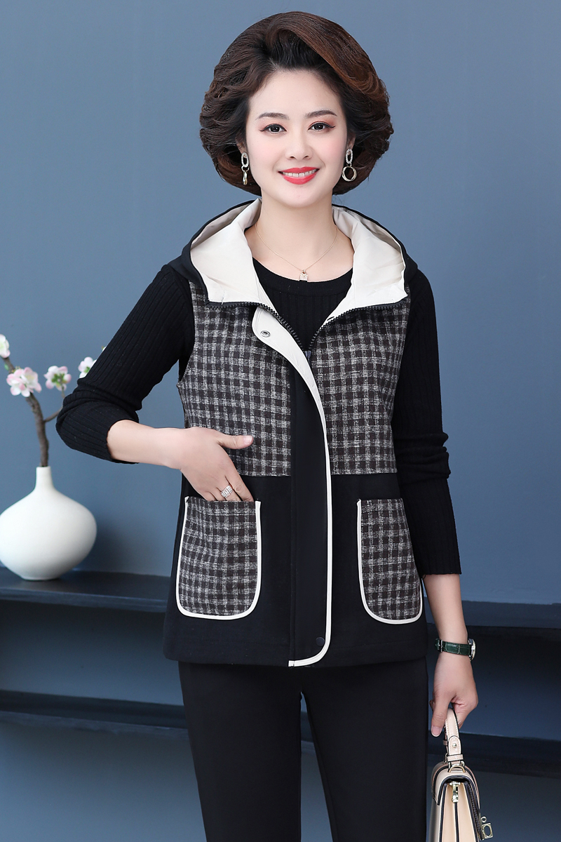 Women Vests Hooded Plaid stitching Sleeveless Spring Autumn Waistcoat Wild Casual Mom Short Jacket alx