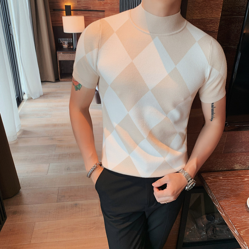 British Style Autumn Winter Short Sleeve Sweater Men Clothing Fashion Diamond Lattice Turtleneck All Match Casual Slim Pullovers alx