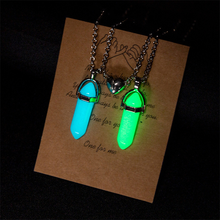 2Pcs/Set Luminous Hexagonal Column Heart Pendant Couple Magnetic Necklace Natural Stone Geometric Pendant Necklace Jewelry Gifts alx