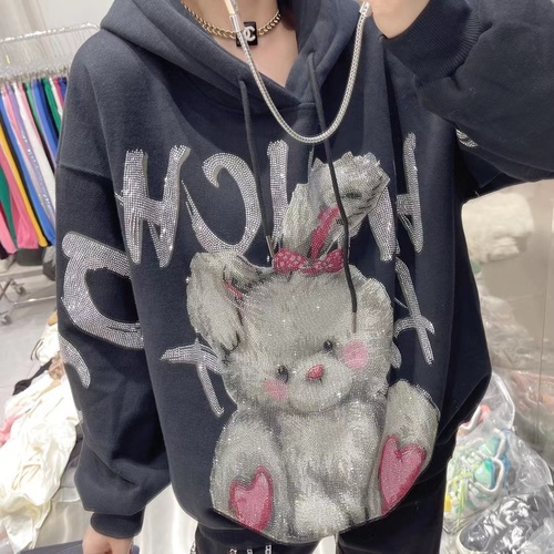 Women Sweatshirt Top Fashion Brand and Heavy Embroidery Hot Drilling Alphabet Cartoon Pattern Plus Velvet Hooded Loose Pullover alx