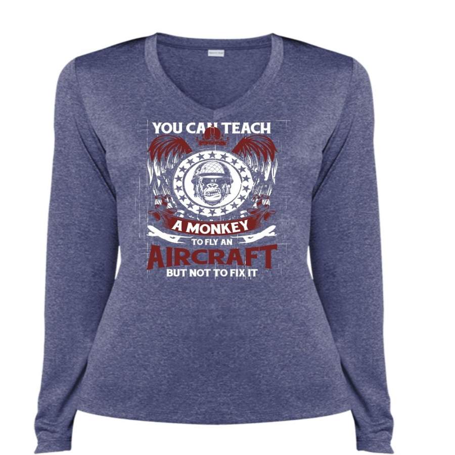 You Can Teach A Monkey T Shirt, Fly An Aircraft T Shirt, Cool Shirt (Ladies LS Heather V-Neck)