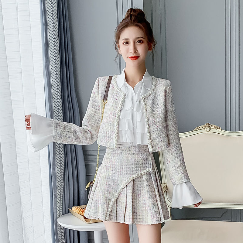 Autumn Korean Sweet Tweed Two Piece Set Women Woolen Short Jacket Coat Tweed Pleated Skirt Set Lady Beading Two Piece Outfits alx